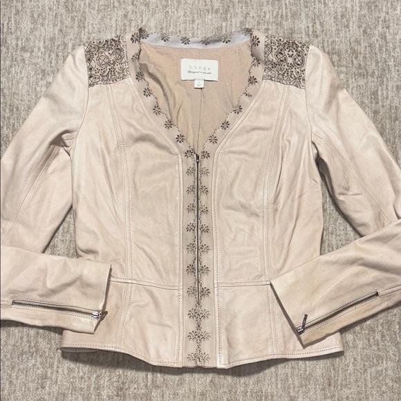 Small Genuine Leather Hinge jacket tan khaki zip front fitted Nordstrom - Picture 1 of 6